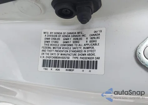 2019 Honda Civic Sport z USA, uszkodzony, nr VIN 2HGFC4B85KH305750